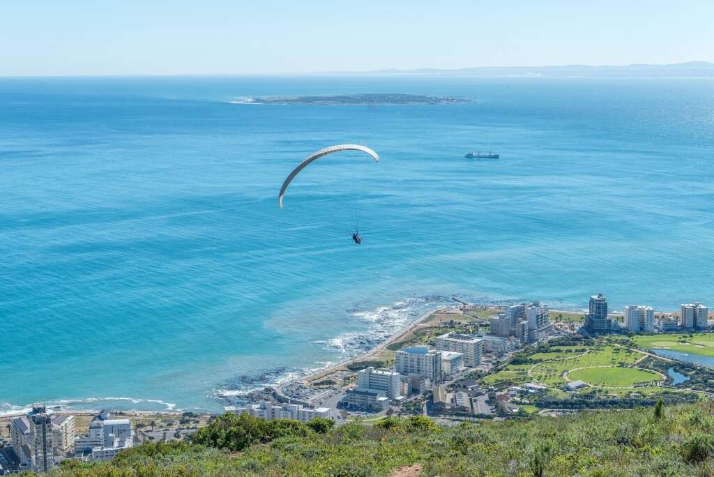 Tandem paraglider after launch from Signal Hill